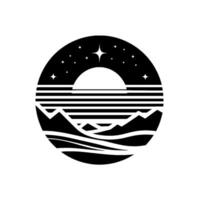 Black and white retro landscape art depicting a stylized mountain range, sunset, and starry sky within a circular frame. vector
