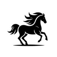 Silhouette of a rearing black horse with flowing mane and tail on a white background, representing strength and elegance. vector