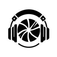 Black Headphones Surrounding Aperture Iris , Emphasizing AudioVisual Integration, White Background. vector