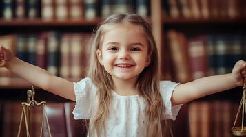 A young happy child stands smiling holding the scales of justice with bookshelves in the background representing hope and the legal field photo