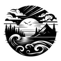 A stylized black and white nature scene inside a circle depicting a lake with mountains, clouds, and trees. vector