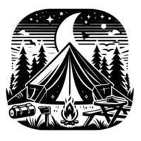 Silhouette of a moonlit campsite with a tent, campfire, picnic table, and starry sky, creating a tranquil monochrome scene. vector
