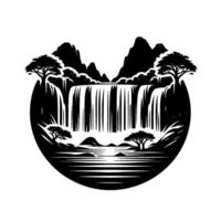 Minimalist blackandwhite circular illustration of a waterfall cascading into a lake surrounded by mountains and trees. vector