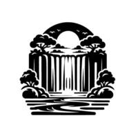 Stylized black and white nature scene depicting a waterfall cascading into a meandering river, with trees, birds, and a serene, minimalist aesthetic. vector