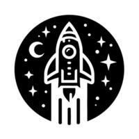 Black and white stylized illustration of a rocket launching, set against a starry night sky within a circular frame, crescent moon. vector