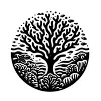 A striking black and white circular illustration portraying an undersea ecosystem, with a stylized coral tree at its heart, fish, and diverse marine life. vector