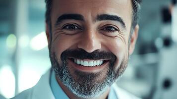 Smiling man with a beard in a white lab coat looking happy and healthy He could be a doctor dentist or scientist photo