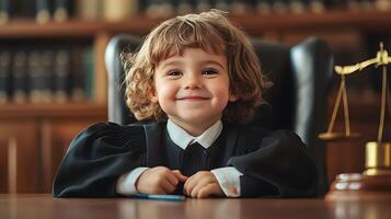 A smiling child dressed as a judge sits at a desk with legal scales exuding an adorable presence in a traditional courtroom setting photo