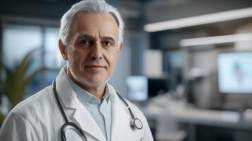 Confident doctor with stethoscope Grey-haired man in a lab coat Medical professional looks directly at camera in a medical setting photo