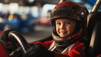 Young Racer A child smiles confidently from behind the wheel of a go-kart wearing a helmet and ready for some racing fun photo