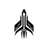 Modern, Geometric Black and White of Rocket Ship with Stylized Wings and Tail, Against White Background. vector