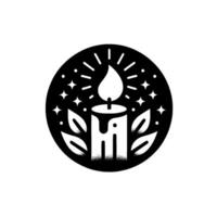 art depiction of a lit candle within a starry black circle, accented with foliage elements. vector