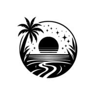 Minimalist Black and White Sunset Scene with Palm Tree, Waves, and Stars in a Circular Frame, Evoking Serenity. vector