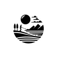 A circular monochrome golf featuring a golfer, golf ball, mountains, trees, clouds, and water elements, creating a scene. vector