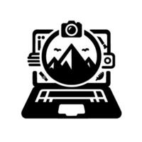 Minimalist Black and White LaptopBased Photography Concept with Mountains, Camera, and Editing Tools, Digital Nature. vector