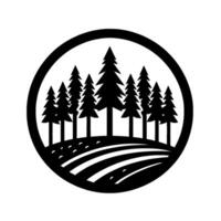 Stylized Monochrome Forest Scene with Evergreen Trees and Rolling Hills Contained Within a Circular Frame. vector