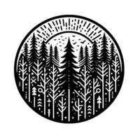 Minimalist Forest Scene Inside Circular Frame Black and White Sunburst Above Trees Stylized Illustration with Birds. vector