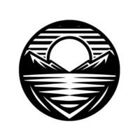 Black and White Silhouette Mountain Landscape with Sun and Water within a Circular Frame, Clean, Minimalist, and . vector