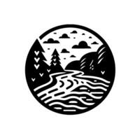 Black and white circular illustration of a river flowing through a forest, with trees, clouds, and mountains, a minimalist . vector