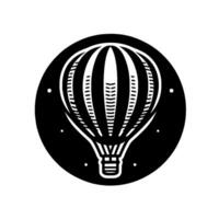 Minimalist black and white hot air balloon within a dark circular background, with white dots, simple lines. vector
