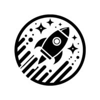 Black and White Rocket Ship Launching in Space Within a Circular Frame with Stars and Streak Effects vector