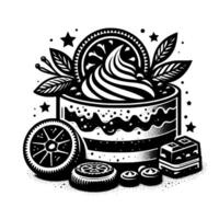 Whimsical Black and White Illustration of a Layered Cake with Decorative Elements, Stars, and Various Confectionery Items. vector