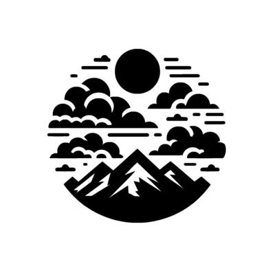 Black and White Circular Minimalist Landscape Mountains, Clouds, and Sun in a Stylized Geometric .