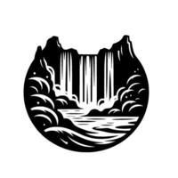 Minimalist Black and White Circular Artwork Depicting a Waterfall Cascading into a Tranquil Lake, Surrounded by Mountains and Clouds. vector