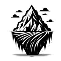 Stylized Black and White Illustration of a Mountainous Iceberg with Reflected Lower Half, Clouds Above, and Dripping Elements. vector