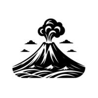 Bold black and white stylized illustration of an erupting volcano with smoke billowing and minimalist clouds above the sea. vector