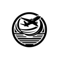 Black and white circular emblem featuring a stylized airplane taking off over stylized water and lines, signifying flight and travel. vector