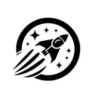 Black and white minimalist depicting a rocket soaring through a starry sky inside a circular frame with trailing vapor. vector