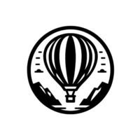 Black and White Minimalist Emblem of a Hot Air Balloon Floating Over Mountainous Landscape, Within a Circular Frame vector