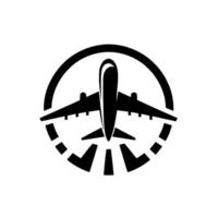 Sleek Black Airplane Silhouette within a Circle Minimalist on White Background, Representing Air Travel and Flight. vector