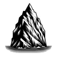 A stylized, minimalist black and white illustration depicting a textured, jagged mountain peak rising from a horizontal striped base, conveying a sense of strength and wilderness. vector