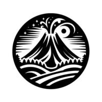 Black and white circular , featuring a stylized volcano erupting under starry night with moon over a forest scene. vector