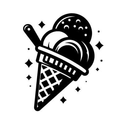 Stylized Monochrome Ice Cream Cone, Scoop, and Stars, with a minimalist on white background.
