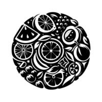 Black and white circular composition of stylized fruit, including watermelon, citrus slices, and grapes, against a clean background. vector