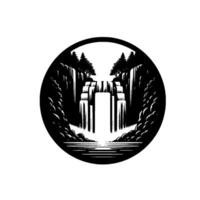 A stylized, monochrome illustration of a tiered waterfall scene, framed within a black circular border, featuring trees, rocks, and water elements. vector