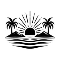 Stylized Black and White Tropical Sunset Scene with Palm Trees, Mountains, and Ocean Waves, creating a minimalist aesthetic. vector