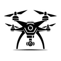 Bold Black and White Illustration of a Modern Quadcopter Drone with Propellers and Camera, Set on White. vector