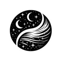 Yin Yang symbol with swirling wings, moons and stars in a black and white celestial composition. vector