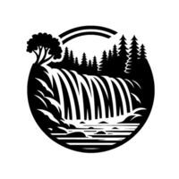 Stylized Black and White Waterfall Scene in a Circle, Featuring Trees, a Rainbow, and a Serene Landscape . vector