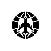Stylized black airplane silhouette within a globe outline, representing global travel and aviation, set against a clean white background. vector
