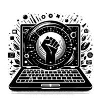 Digital Revolution Black and White Laptop with Empowering Fist Symbol Surrounded by Creative and Technological Elements in a . vector