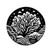 Stylized Black and White Illustration of a Detailed Tree and Landscape Inside a Circular Frame with Clouds and Dots. vector