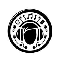 Stylized monochrome with a circular frame, featuring a headphonewearing face, musical notes, forks, and stylized decorative elements, for a brand. vector