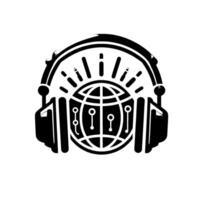 Black and White of Headphones Embracing a Globe with Circuitry and Sound Waves, Representing Global Audio Technology. vector