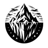A black and white depicting a mountain peak and its mirrored reflection within a circle, birds flying above. vector