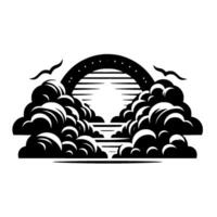 Black and white stylized illustration arched with clouds, sea, dots, and birds, creating a serene atmosphere. vector